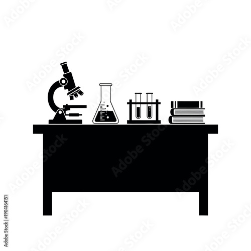 Science laboratory equipment on a table with microscope flask test tubes and books.