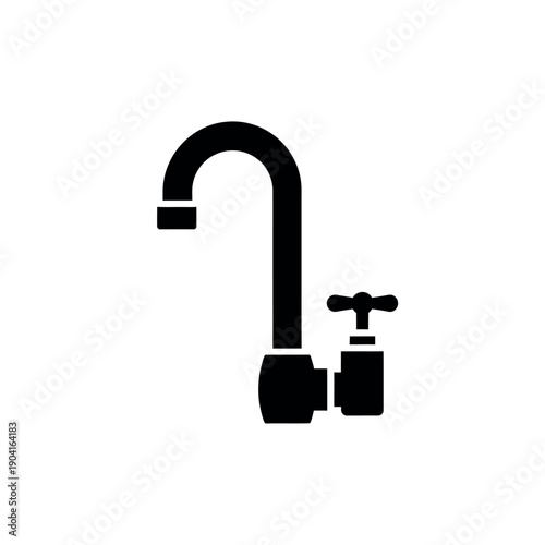 Simple black silhouette of a modern kitchen faucet with a single handle isolated on a white background representing plumbing and water flow.