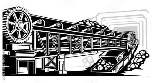 Black and white illustration of a large industrial conveyor belt system transporting coal from a mine entrance into a waiting cart.