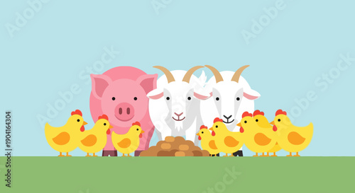 Cheerful farm animals gathered together with chicks and bread on a sunny meadow.