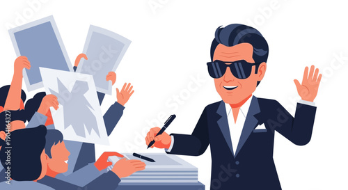 Energetic businessman managing chaotic desk with paperwork and office activity.