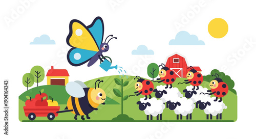Sunny farm landscape with cows, bees, and a cheerful countryside scene.