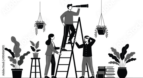 Teamwork silhouette illustration with ladder, telescope, plants, and books symbolizing exploration, discovery, support, and intellectual curiosity