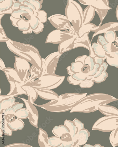 Big flowers pattern, upscale floral pattern. graphical textures floral, trendy colors pattern , flowers background with leaves. vector illustration.