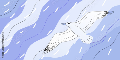 A white seagull soars gracefully through a stylized blue and white sky