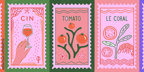 Colorful vintage style stamps featuring drinks tomatoes and coral illustrations