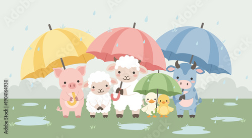 Cute animals under colorful umbrellas on a rainy pond scene with playful characters.