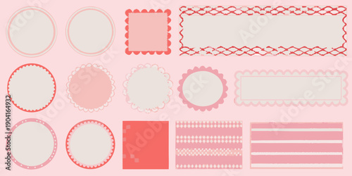 A collection of pink and red decorative frames and label shapes