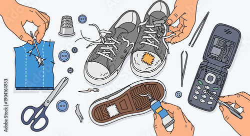 Hands and Tools Illustration of Tying Sneakers with Everyday Objects in a Busy Craft Scene.