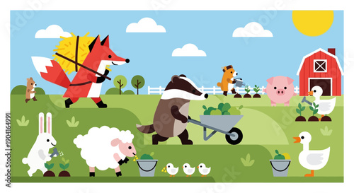 Sunny rural farm landscape with animals and workers in a bright countryside scene.