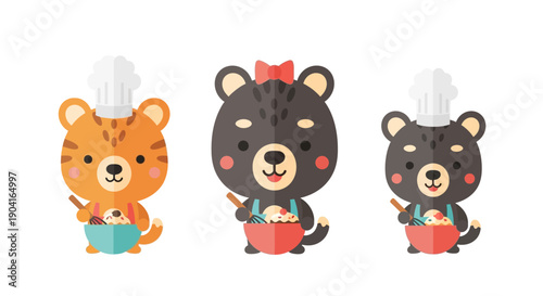 Three cartoon cats cooking bowls in chef hats and aprons, cute kitchen scene.