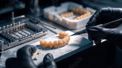 Dental lab technician detailing ceramic bridge with tools