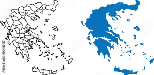 Detailed Greece Map Set – Outline Administrative Regions and Solid Blue Silhouette for Geography, Education, and Travel Design