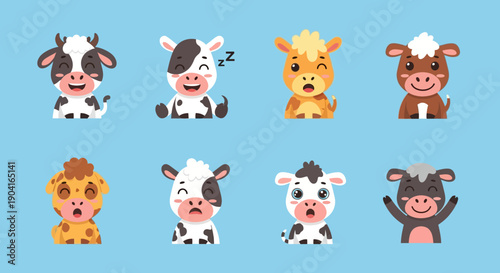 Playful Cartoon Cows with Diverse Expressions on a Bright Blue Background.