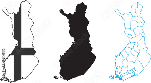 Finland Map Silhouette, Flag Outline, and Administrative Division Vector Icon – Nordic Geography Design for Cartography, Education, Travel, and Stock Graphics
