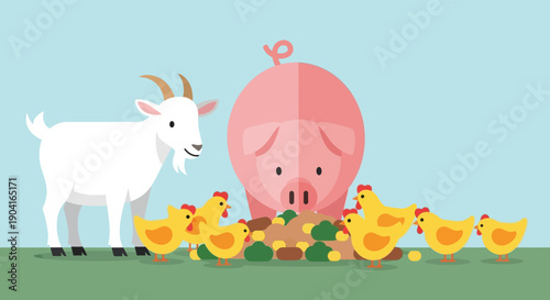Whimsical farm scene featuring a white goat, pink pig, and cheerful laying hens on a sunny day.