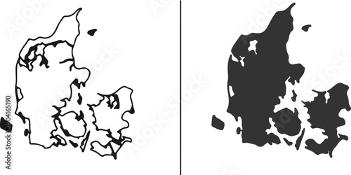 Denmark Map Outline and Silhouette Vector Icon – Minimalist Black Geography Design for Cartography, Education, Travel, and Stock Graphics