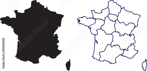 France Map Silhouette and Regional Borders Vector Illustration – Black Outline with Corsica and Blue Administrative Divisions
