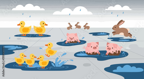 Group of ducks and ducklings swimming on a pond with lilypads and stepping stones.