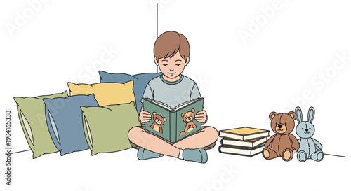 Boy reading book with teddy bear and rabbit