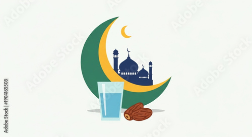 Ramadan crescent moon mosque dates and water glass.