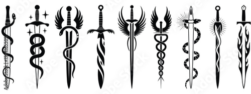 Fantasy Sword Tattoo Set, vector linocut magic blade designs with dragon wings and fairy tale silhouettes, mystic legend snake prints, spiritual medieval logotype elements, witchcraft signs, and black