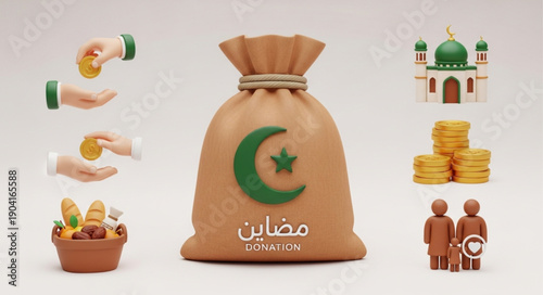 Ramadan charity money bag with Islamic symbols and mosque illustration.