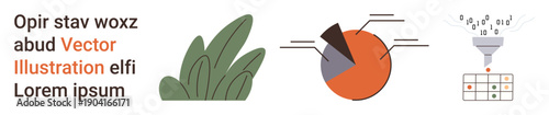 Business analysis, data visualization, growth strategies, eco design, digital marketing, information processing. Pie chart, leaves and data funnel illustration. Data visualization and business