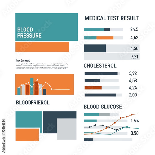 Medical test results infographic: blood pressure, cholesterol, glucose levels
