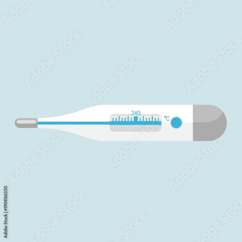 Medical thermometer, digital, Celsius, blue liquid indicator, isolated on light blue background
