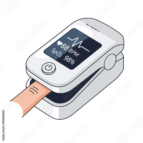 Pulse Oximeter With Finger Showing Heart Rate and Oxygen Saturation