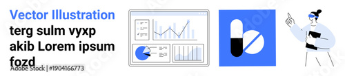 Analytical graphs, pill graphic, and organized character. Ideal for healthcare, business growth, technology, education, research, branding simple landing page