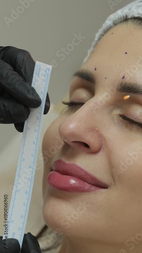 Cosmetologist measuring woman's face for rhinoplasty procedure