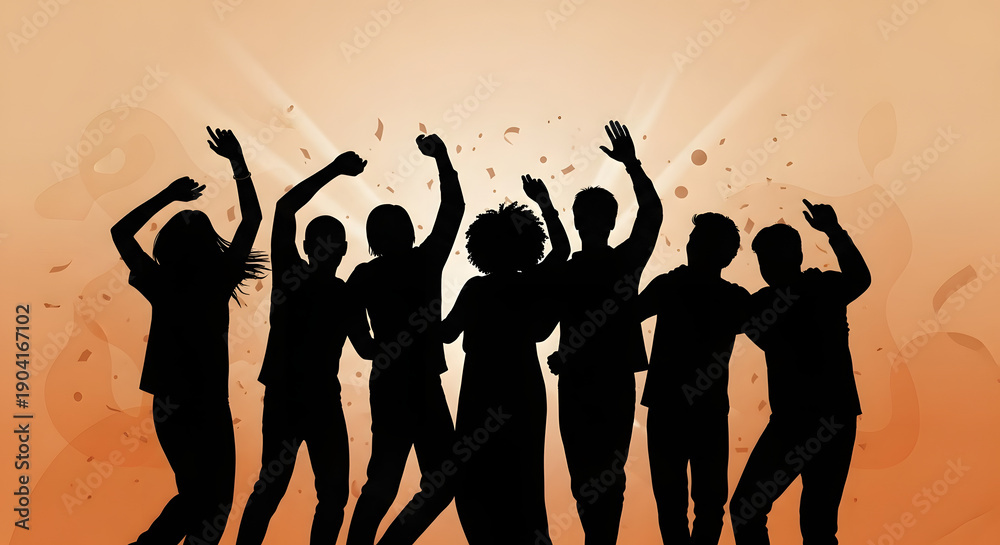 Fototapeta premium Silhouettes of people dancing together in a lively party crowd on a stage