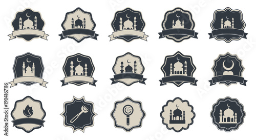 Set of Ramadan Kareem Food Labels and Islamic Badges with Mosque Icons and Ribbons