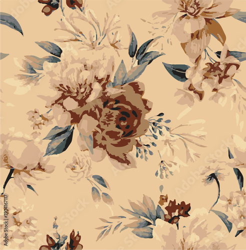 Big flowers pattern, upscale floral pattern. graphical textures floral, trendy colors pattern , flowers background with leaves. vector illustration.