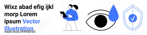Digital safety, cybersecurity, data privacy, vision monitoring, secure access, online protection. A person holding a tablet, an eye with a droplet and a shield with a checkmark. Cybersecurity