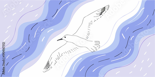 A solitary white seagull gracefully soars above stylized blue and white waves