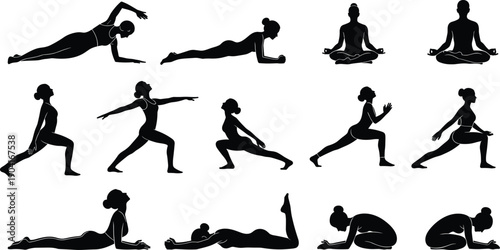 Large collection of yoga silhouette illustrations featuring women in various poses like lotus warrior and cobra for fitness wellness exercise health mindfulness and balance.