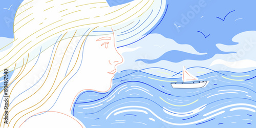 A woman with a sunhat gazes at the ocean with a distant sailboat