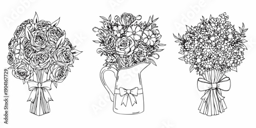 Elegant floral arrangements in vases a black and white illustrative design