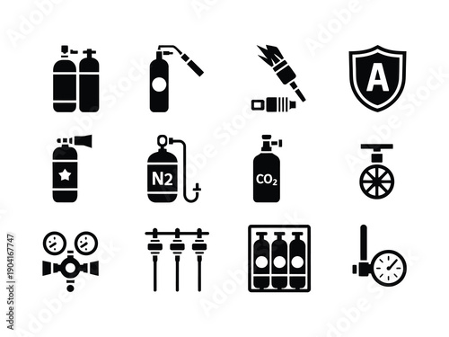 Industrial Gas Icons, solid icon set of industrial gases including industrial cylinders, acetylene tanks, welding gas symbols, argon shield icons, and compressed air graphics for professional stock 