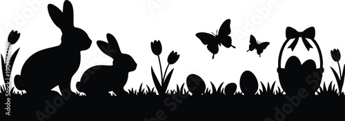 Monochrome Graphic of Rabbits, Butterflies, and an Easter Basket, Minimalist Nature Border Featuring Seasonal Wildlife and Flowers, vector, illustration, silhouette.