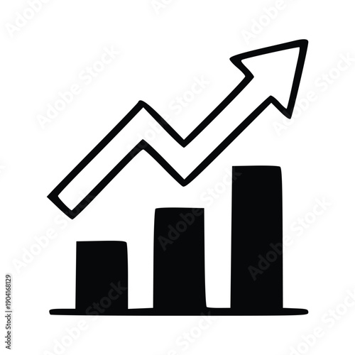 A simple black and white doodle of a bar chart with an upward trending arrow indicating growth and success.