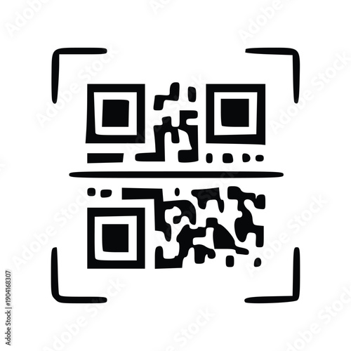 A clear black and white graphic depicting a QR code enclosed within a digital scanning frame, representing modern data access.