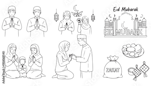 Eid Mubarak Hand-Drawn Muslim Family Celebration Vectors Set