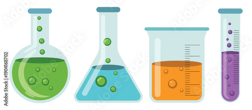Laboratory Glassware with Colorful Liquids, illustrating chemistry beakers, flasks, and test tubes filled with vibrant solutions for science experiments, education materials