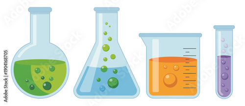 Laboratory Glassware with Colorful Liquids, detailed science illustration featuring chemistry beakers, flasks, and test tubes with bright solutions, designed for educational content, research presenta