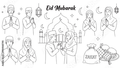 Eid Mubarak Hand-Drawn Muslim Family Celebration Vectors Set