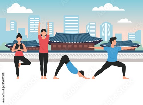 four diverse people practicing yoga poses outdoors against a backdrop of a traditional East Asian palace, wellness and travel themes